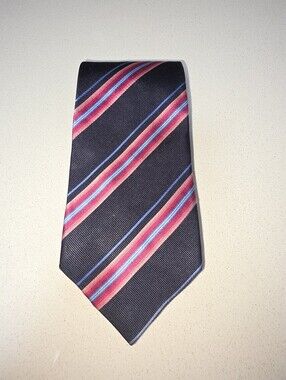 Burberry 100% silk classic neck tie Black Ribbed Fabric Pink Blue Stripe Accent